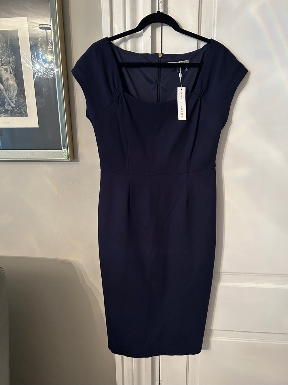 NWT Trina Turk Navy Cap-Sleeve Midi Sheath Dress